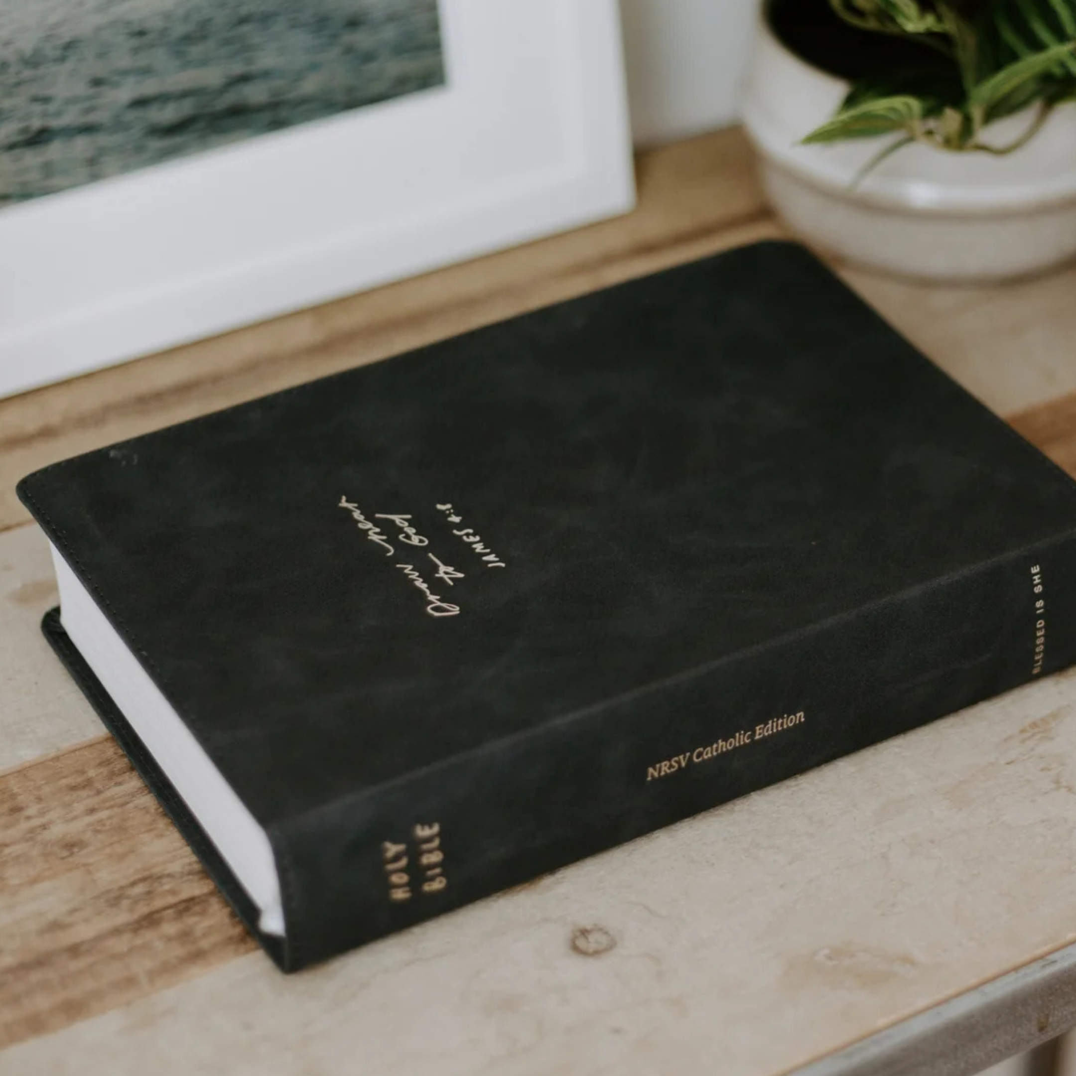 Black Catholic Bible on a wooden surface with a plant and framed picture in the background