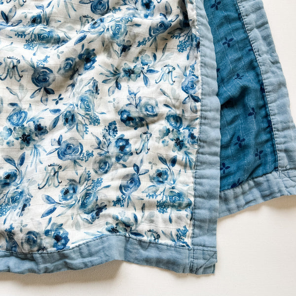 'Blue Marian Floral’ Luxury Double Sided Muslin Blanket
