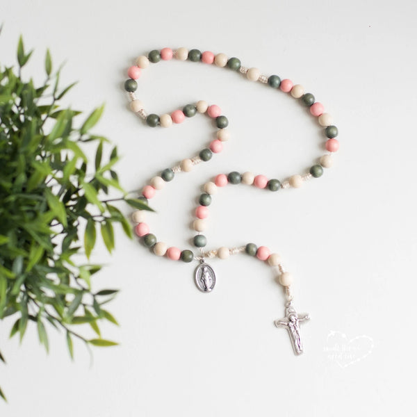 ‘Peach + Forest Green’ Wood Beaded Rosary